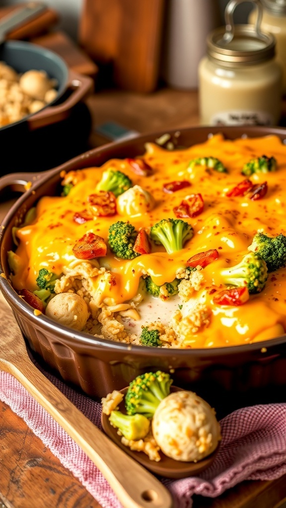 Cheesy Quinoa Chicken Casserole Recipe Cheesy quinoa chicken casserole with broccoli and chicken in a baking dish, served with a wooden spoon.